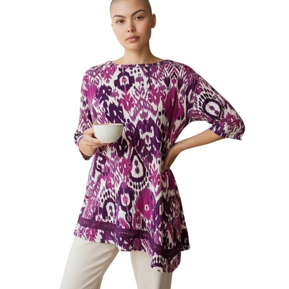 Chicos Purple Pink Ikat Print Lace Trim Tunic Top Women's Size 0 Us 4 XS